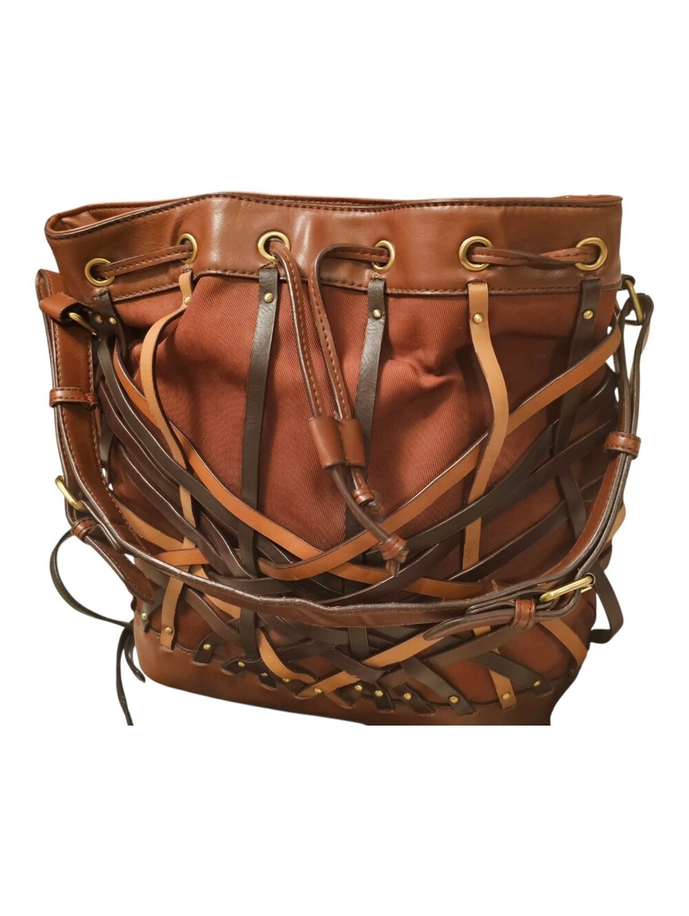 Etienne Aigner Vintage Caged Leather Woven Drawstring Bucket Bag